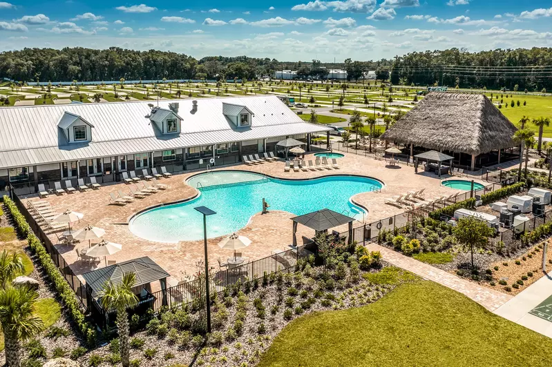 aerial view of clubhouse and pool